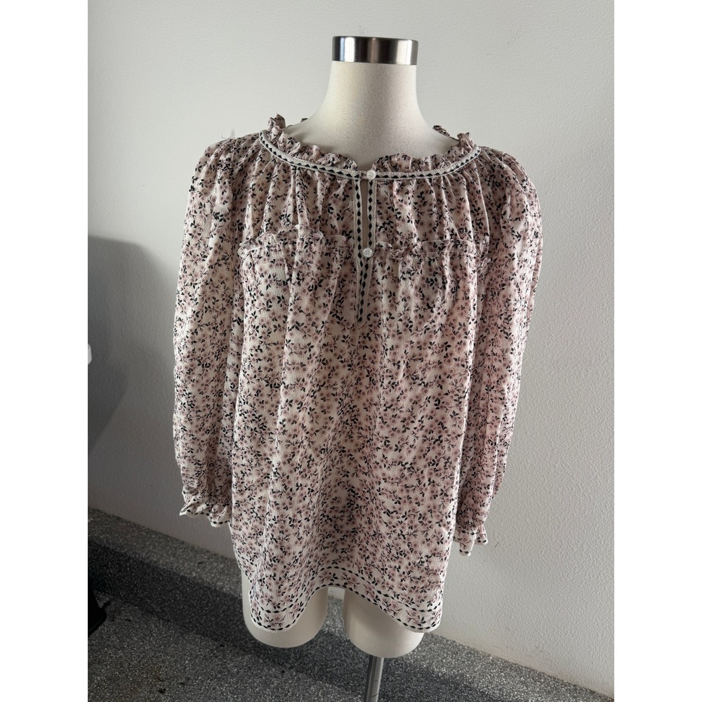 Max Studio Womens Plus 1X Pink Floral Ruffle Neck Peasant Blouse 3/4 Sleeve Top
